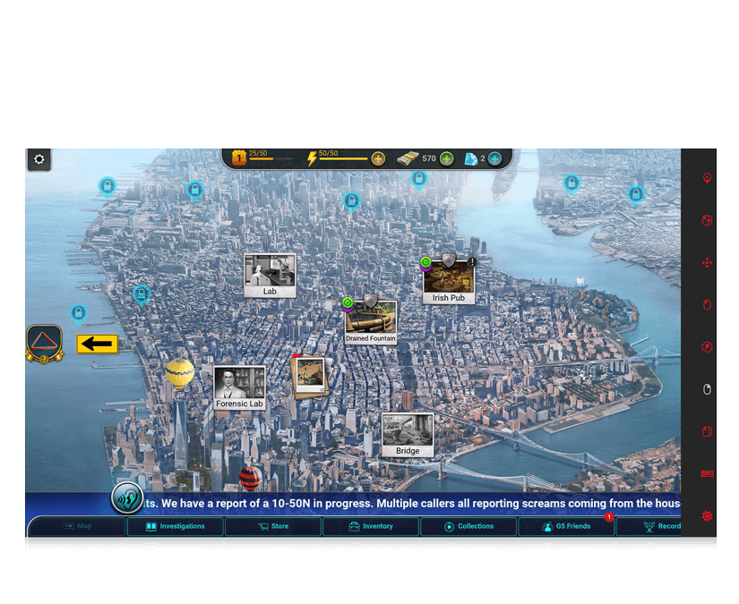 Homicide Squad game for eye gaze users, featuring a clue map of New York city.