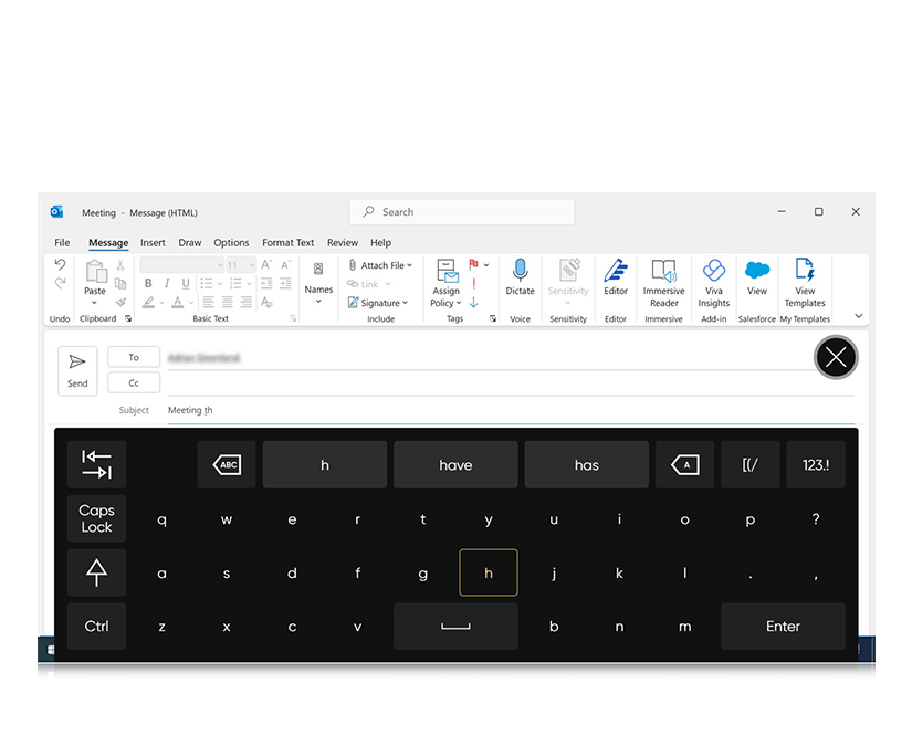 Tobii Dynavox TD Control being used to create an email in Outlook