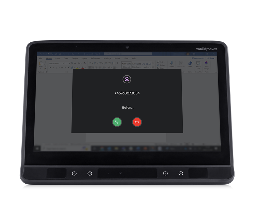 TD Phone met een binnenkomende oproep op een spraakapparaat uit de TD I-Series van Tobii Dynavox met oogbesturing 