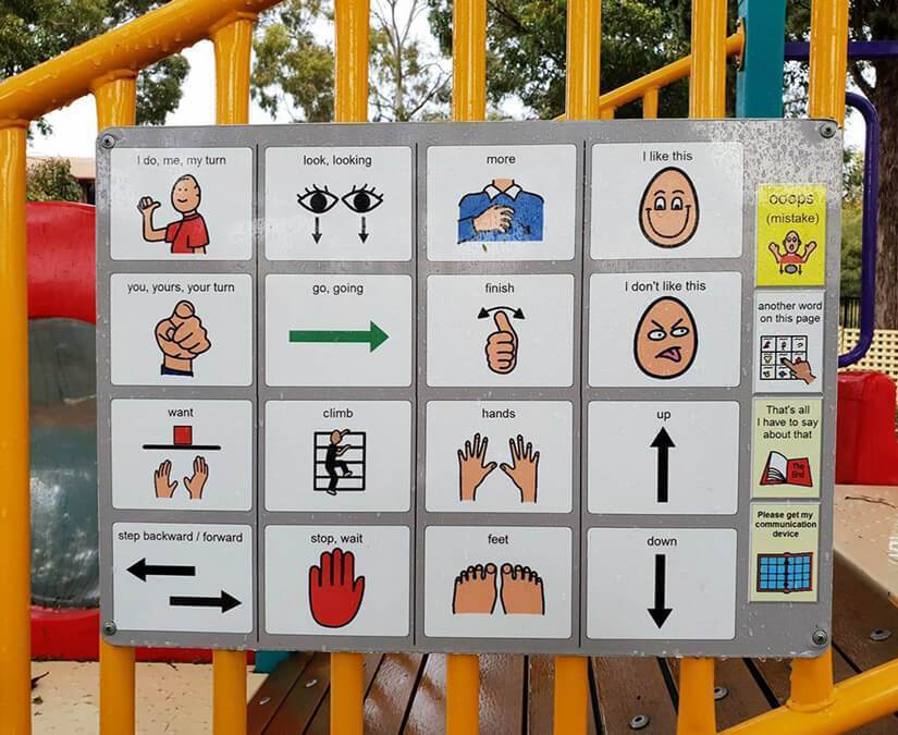  PCS by Tobii Dynavox printed and laminated for a communication board at a park.